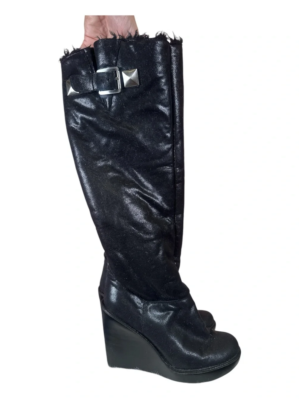 Michael Kors Black Knee-High Wedge Boots with Stud Buckle